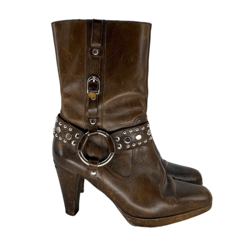 Frye Dark Brown Leather Heeled Boots With Silver Accents